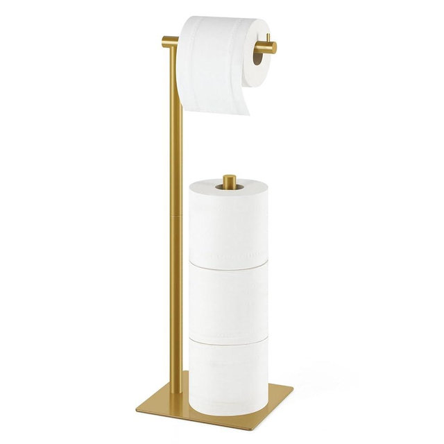 Toilet Paper Holder Stand Gold Free Standing TP Holder, Metal Toilet Paper Roll Holder with Reserve Bathroom Tissue Storage Holder, Gold