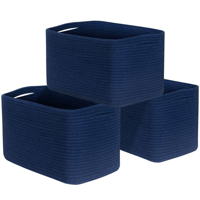MINTWOOD Design 3-Pack Storage Baskets for Shelves, Decorative Baskets for Organizing, Woven Baskets for Storage, Book Basket Cube Storage Bin Box, Pantry Closet and Shoe Organizers, Navy Blue