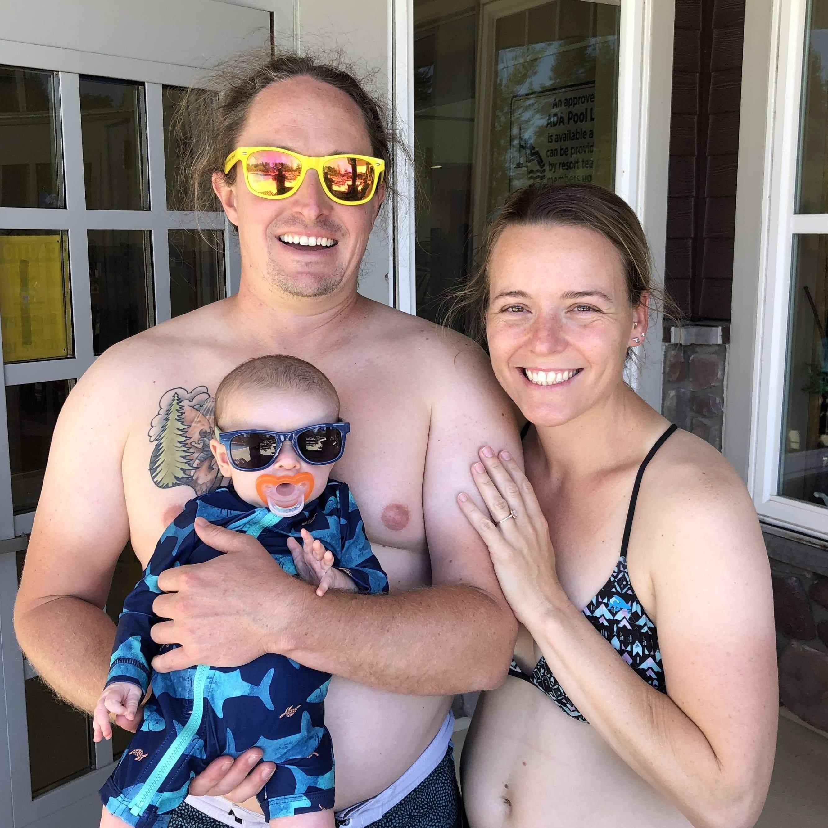 Right before getting into the pool for the first time.