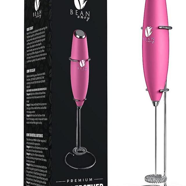 Bean Envy Milk Frother for Coffee - Handheld, Mini Electric Drink Mixer, Foamer & Frother with Stand for Coffee, Lattes, Hot Chocolates and Shakes - Raspberry