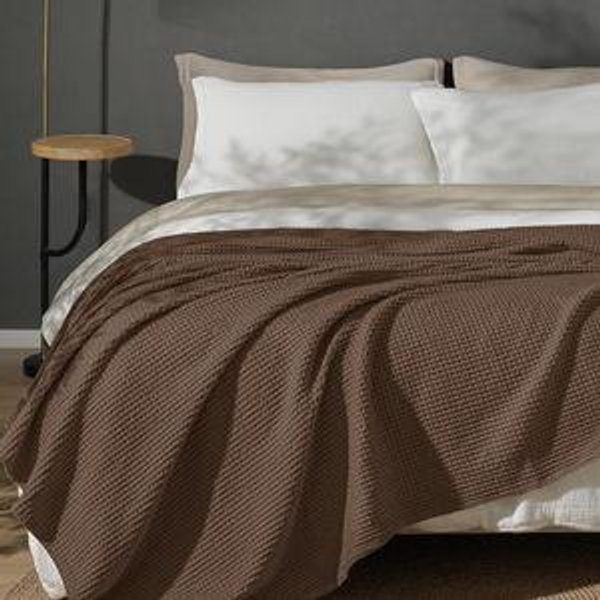 PHF Pre-Washed Cotton Waffle Weave Blanket Queen Size for Bed,Snag Proof Throw Blanket for Couch Spring Summer Lightweight Breathable,Oeko-TEX Certified,Machine Washable, Home Decor Gift-Cappuccino