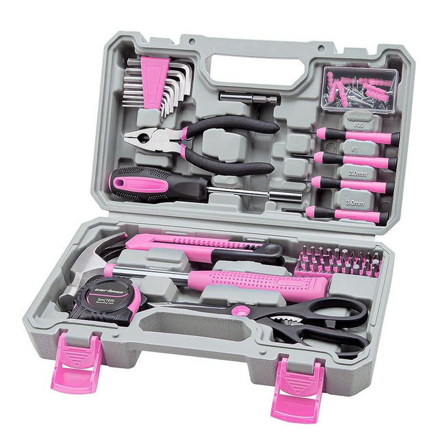Tool Set General Household Hand Tool Kit with Plastic Toolbox Storage Case Pink