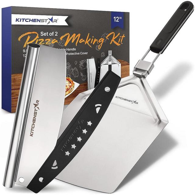 KitchenStar Stainless Steel Pizza Peel with Folding Handle (9.5" x 14") + 12 inch Pizza Cutter | Sharp Stainless Steel Slicer Knife - Rocker Style w Blade Cover Set of 2