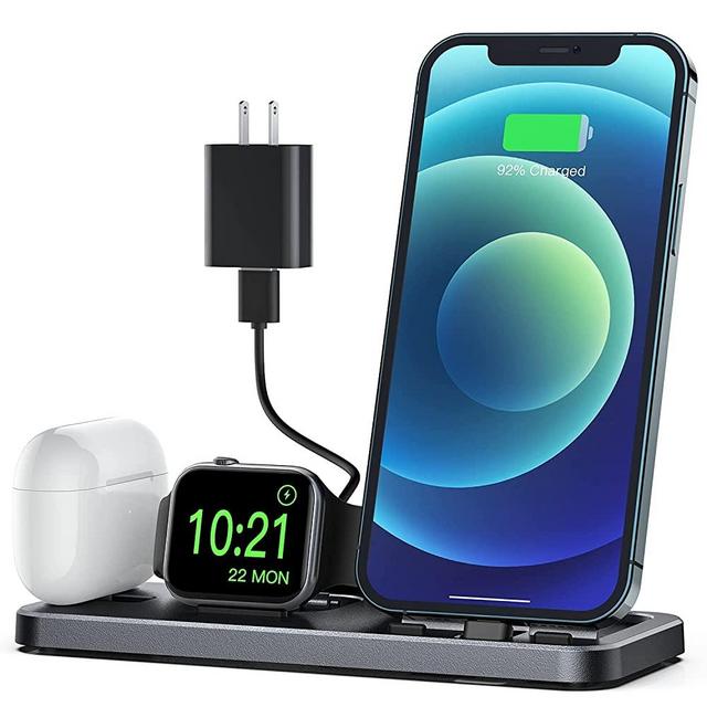 CEREECOO Portable 3 in 1 Charging Station for Apple Product Foldable Charger Stand for iWatch 6/SE/5/4/3/2/1 Charging Stand for iPhone AirPods Pro/2/1 Charging Dock Holder(with 10W Adapter) Space Gray