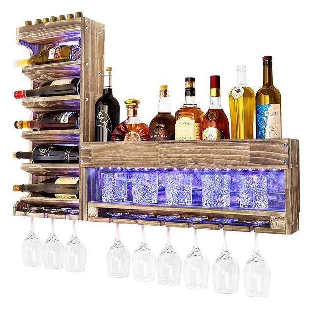Homde Wine Rack with LED Light Wall Mounted Wood,Wine Shelf with Bottle Stemware Glass Holder Rustic, Wine Display Storage Rack with Cork Holder for Home Bar Kitchen Decor