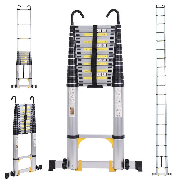 26.2FT Telescoping Ladder with Stabilizer Bar Wheels and Hooks, Multi-Purpose Extension Ladder, Aluminum Folding Ladder Collapsible Ladder Adjustable Telescopic Ladders Extendable Ladder for Homeuse