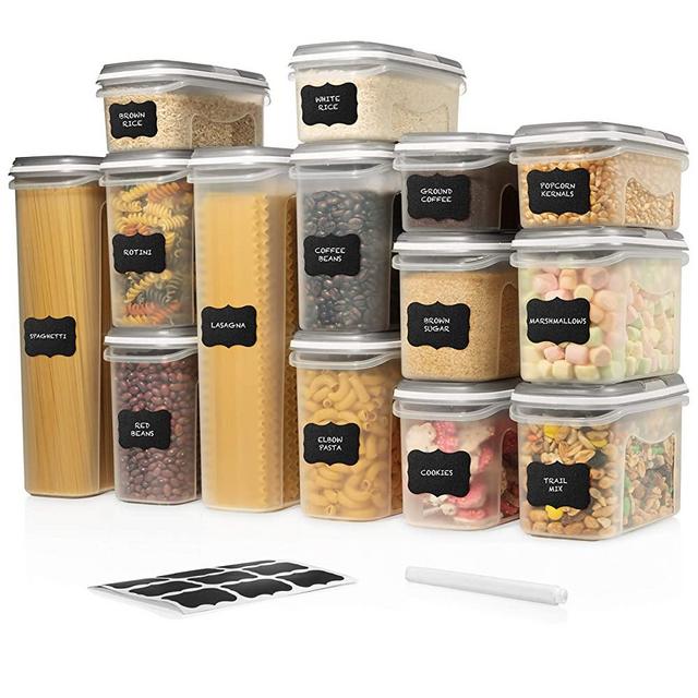 LARGE SET 28 pc Airtight Food Storage Containers with Lids (14 Container Set) Airtight Plastic Dry Food Space Saver Boxes, One Lid Fits All - Stackable Freezer Refrigerator kitchen Storage Containers