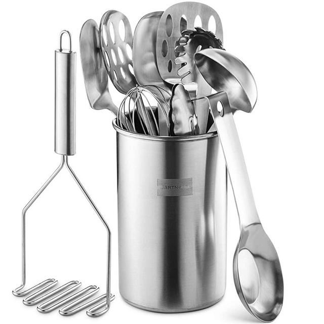 Bartnelli Stainless Steel Kitchen Utensil Set and Holder, 11 Pcs Cooking Tools Made of 100% Premium Non-stick Heat Resistant 1-Piece Stainless Steel With Super Comfortable Handle, Dishwasher Safe