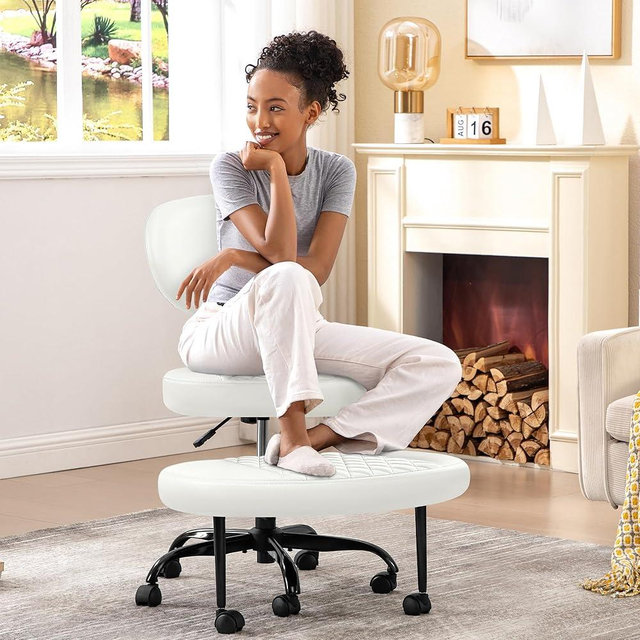 AtHope Ergonomic Cross Legged Office Chair with Wheels - Adjustable Height for Meditation, ADHD Desk & Yoga - Wide Criss Cross Design with Lumbar Support, Kneeling Chair - White