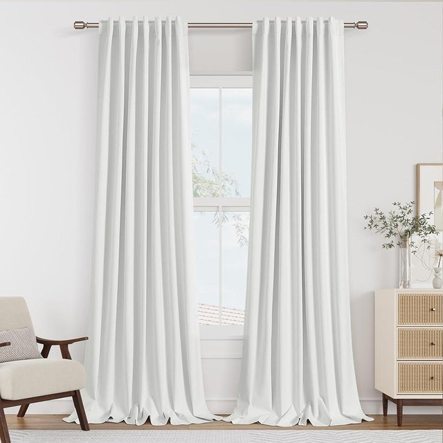 Guken Off White Blackout Curtains 96 Inch Length 2 Panels Set for Living Room Bedroom Back Tab Thermal Insulated 100% Black Out Linen Drapes Room Darkening Window Curtains 96 Inches Long