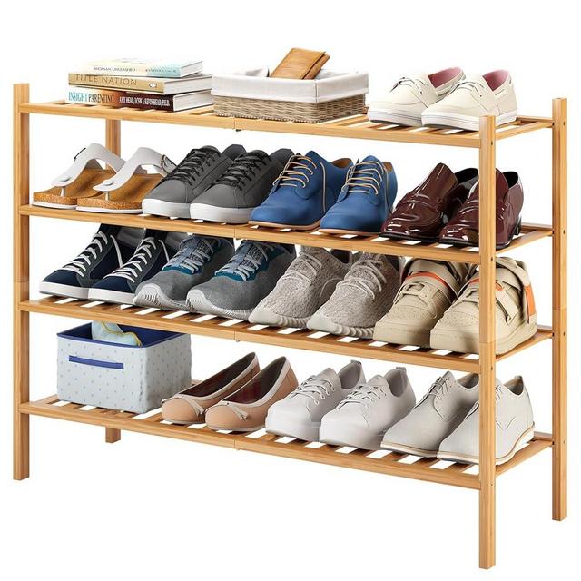 Furshus Long Shoe Rack, 4-Tier Bamboo Stackable Shoe Shelf Storage Organizer, Shoe Stand for Closet, Entryway and Hallway