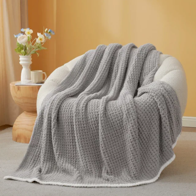 Snuggle Sac Fluffy Fuzzy Reversible Waffle Knit Blanket,Cozy Microfiber Throw,Classic Textured Design,Gray,60"*80"