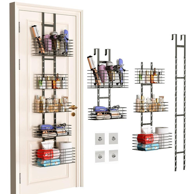 5-Tier Over The Door Bathroom Organizer - Hair Dryer Holder - Hair Tool Organizer Adjustable Height, DIY Bathroom Storage Shelf Wall Mounted for Flat/Curling Irons, Hair Straighteners, Skincare