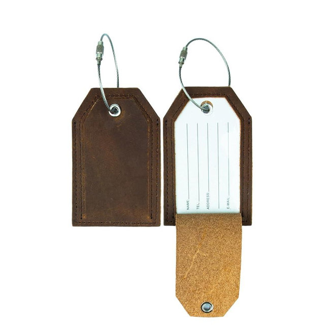 Genuine Leather Set of 2 Luggage Tag with Full Back Privacy Name ID Card Stainless Steel Loop Suitcase Labels Identifiers Baggage Tags Luggage for Women Men Travel (Coffee)