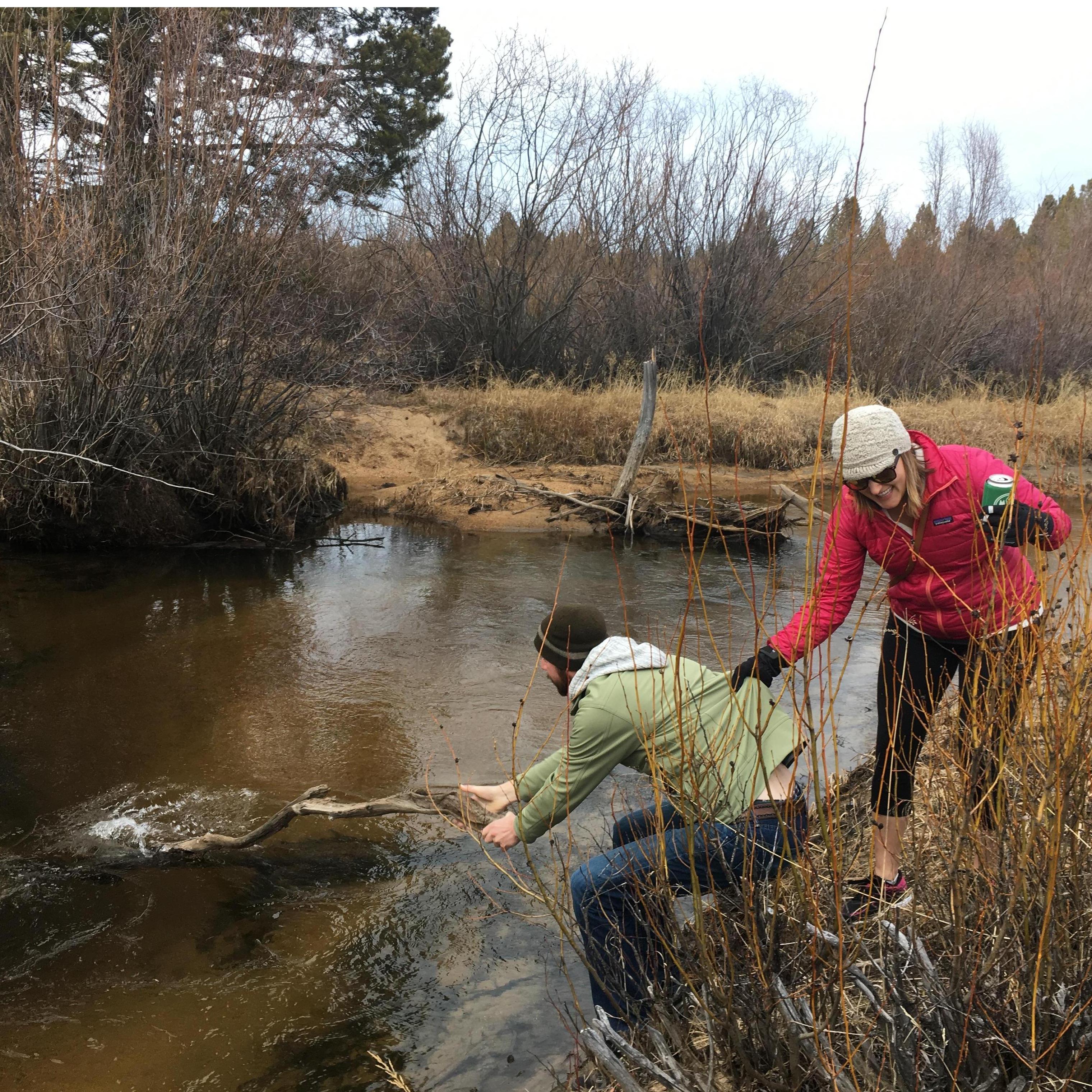 Our relationship summed up: hold onto your beer, pick up litter, don't let Gavin fall into the icy creek!