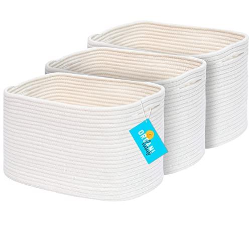 OrganiHaus 3-Pack Cotton Rope Cube Storage Baskets, Decorative Living Room, Bedroom, Closet, Home Organizing bin, Shelf and Table Top Decor, Woven Rustic Farmhouse Design Small Basket - Off White