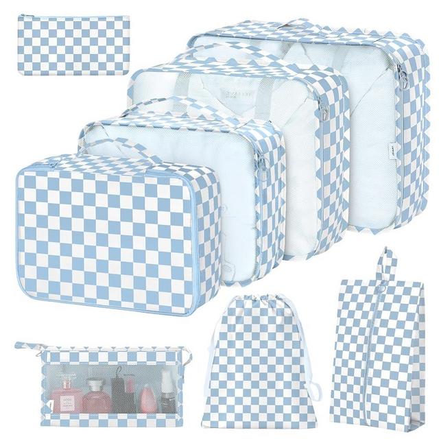 8 Set Packing Cubes for Suitcases,Packing Cubes with Shoe Bag, Cosmetics Bag, Clothing Bag, Accessories Bags Packing Cubes for Travel Luggage Organizer Women Men(Blue Checkered)