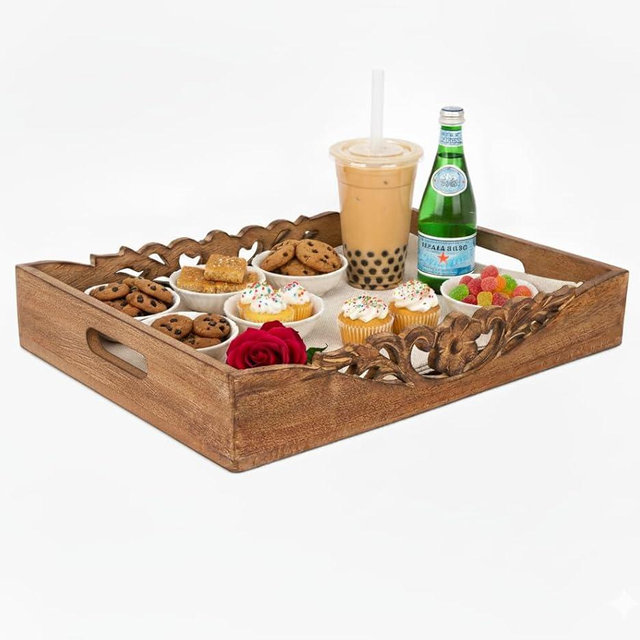 Mela Artisans Orchid Design Wooden Decorative Tray with Handles | 16x12x2.5 Mango Wood Ottoman Tray | for Kitchen Countertop | Coffee Table | Snacks | Desserts | Breads | Bedroom Decor