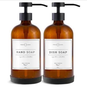 Vine Creations Amber Glass Soap Dispenser Set - Kitchen Soap Dispenser Set with Stainless Steel Pump - 16 oz Dish Soap and Hand Soap Dispensers for Bathroom with Silicone Pad & Waterproof Labels
