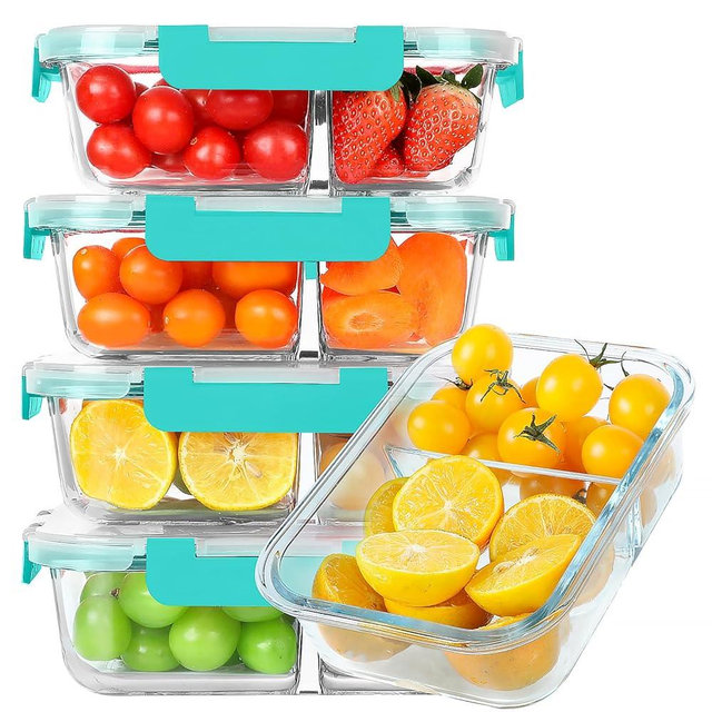 KOMUEE 30 oz 5 Pack Glass Meal Prep Containers 2 Compartments, Glass Food Storage Containers with Lids, Airtight Glass Lunch Box, Microwave, Oven and Freezer Safe, Green