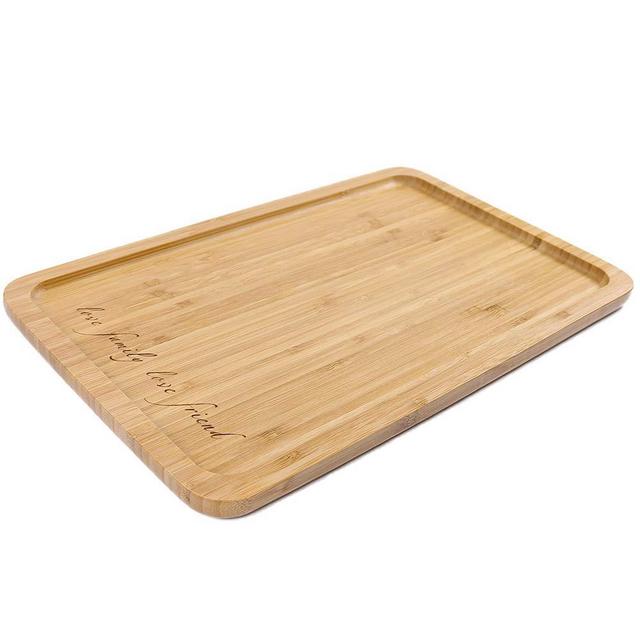 Bamboo Rectangular Serving Tray, Engraved LOVE FOOD LOVE LIFE 16 x 10 Inch Food Tray, Serving Platters for Coffee Wine Cocktail Fruit Meals