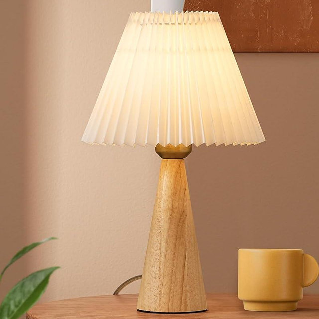 EDISHINE 13.58" Small Table Lamp, Wooden Base Nightstand Lamp, White Pleated Lampshade, Space-Saving Modern Bedside Lamp for Nursery Kids Room Bedroom Living Room, E26, ON-Off Button, Burlywood Base