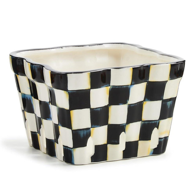 MACKENZIE-CHILDS Ceramic Farmhouse Berry Basket, Decorative Fruit Holder, Black-and-White Courtly Check