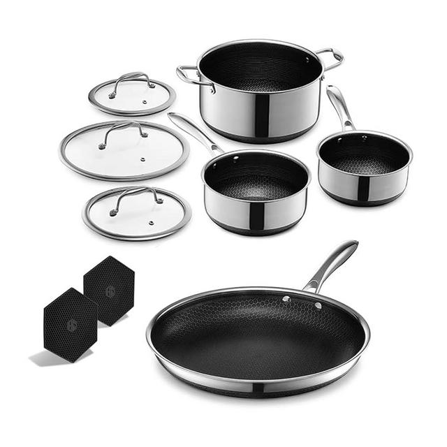 HexClad 7- Piece Hybrid Cookware Bundle, 12-Inch Nonstick Frying Pan, with 6 Piece Pot Set, 2, 3, and 8 Quart Pots with Glass Lids & 2 Silicone Trivets