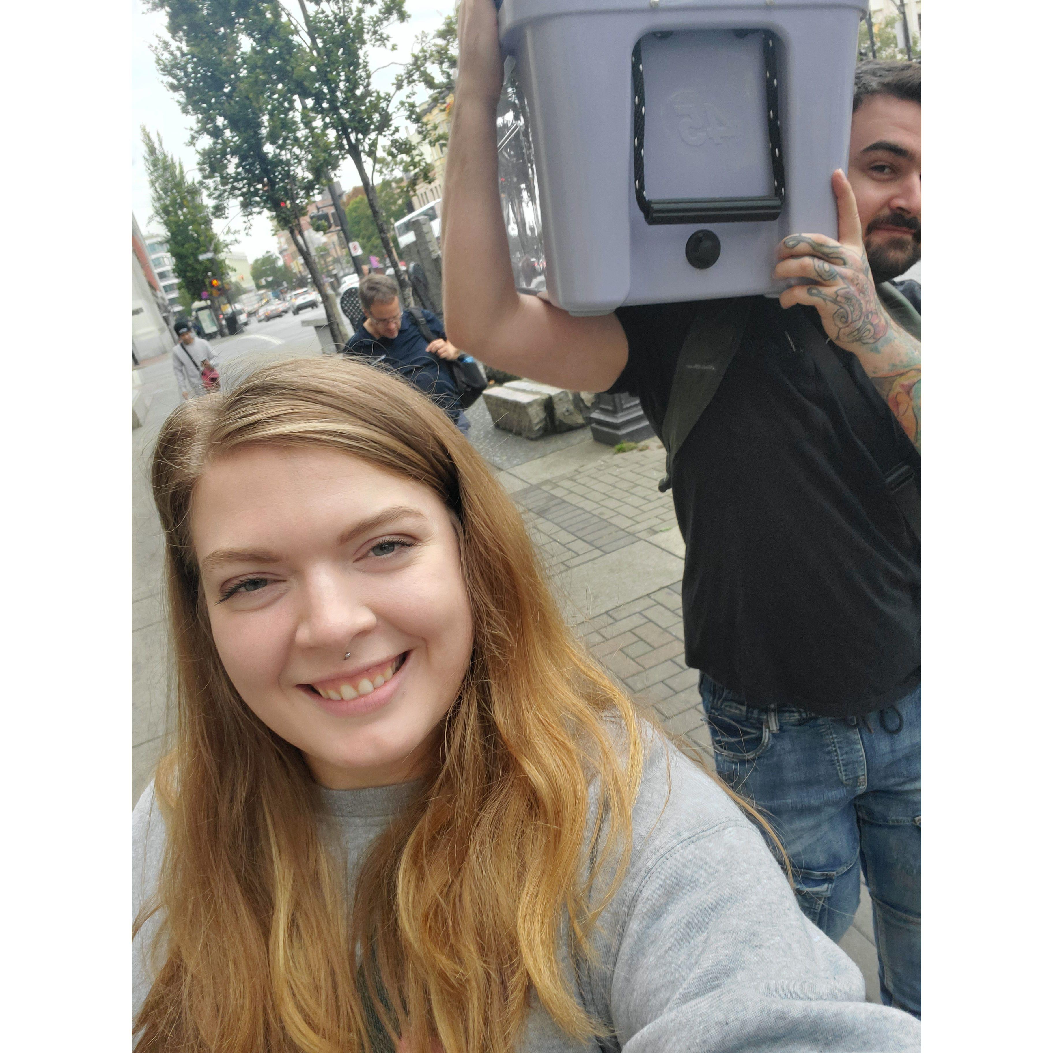 Joe carrying our new cooler home