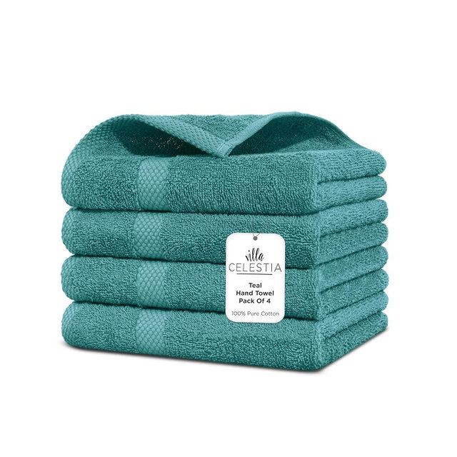 Villa Celestia Cotton Hand Towels Set of 4, 16 x 28, Oeko-TEX Certified, Quick Dry, Teal