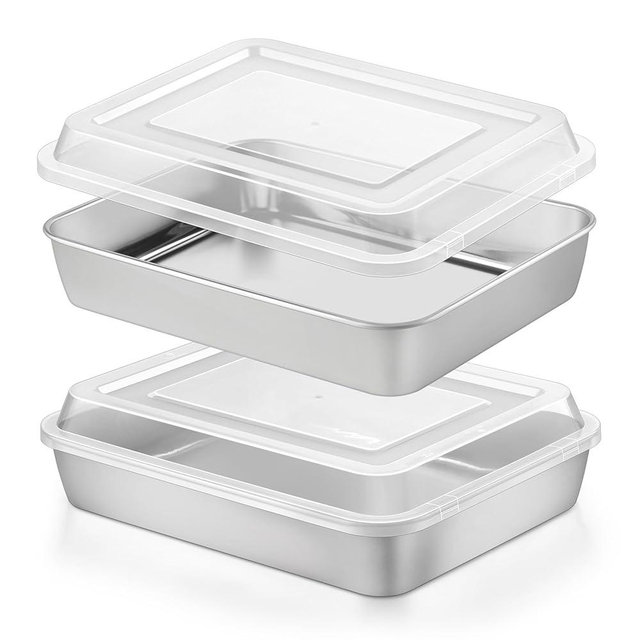Herogo Baking Pan with Lid, 8 x 10 Inch Nonstick Rectangle Stainless Steel Cake Pan Sheet, Deep Cakes Bakeware with Lid for Brownies Casseroles, Non Toxic & Dishwasher Safe, Set of 2