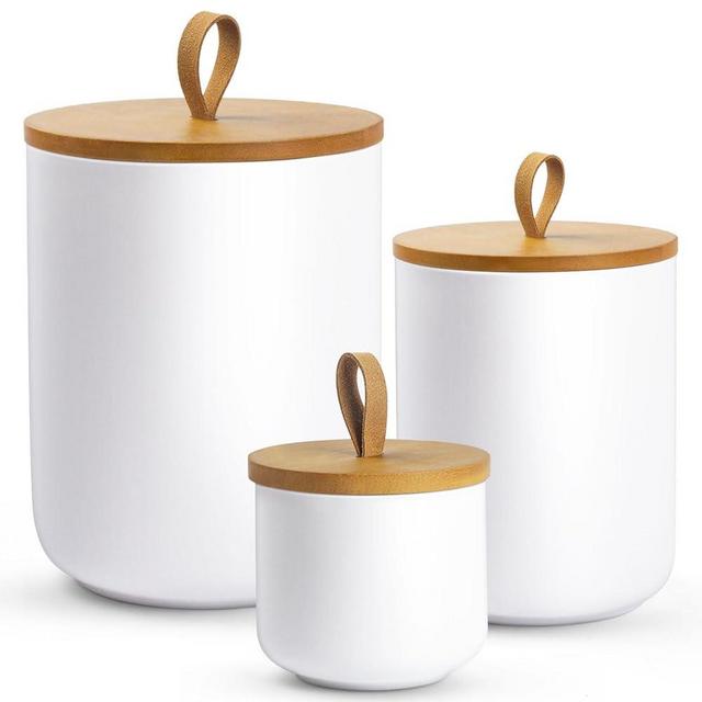 YUNLINLI Canisters Sets for The Kitchen, Airtight Kitchen Canisters for Countertop, Kitchen Canisters Set of 3 with Top Handle, Modern Ceramic Jar with Wooden Lid for Coffee Flour Cookie Nuts (White)