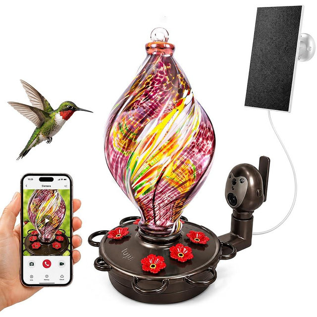 LUJII Smart Hummingbird Feeder with Camera, Hand Blown Glass for Outdoor Hanging, Solar WiFi Feeder with Live View App, 6 Feeding Ports, Leak-Resistant Design, Ant Moat & Gift Box, 28 fl oz, Purple