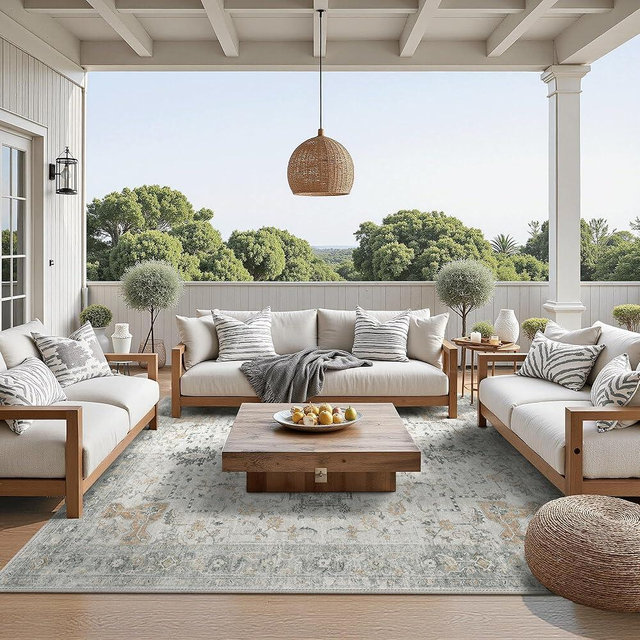 GENIMO Outdoor & Indoor Area Rug 5'x7', Waterproof, Non-Shedding, Easy Cleaning, Boho Mat for Patio, Living Room, Balcony, Dining Room, Deck, RV, Bedroom, Camping, Outside Carpet, Light Blue