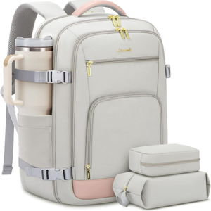 LOVEVOOK Travel Backpack For Women, 40L Carry On Backpack Flight Approved, TSA Personal Item Travel Bag Fits 17 Inch Laptop, Business Weekender Overnight Waterproof Daypack With 2 Cubes, Grey-Pink