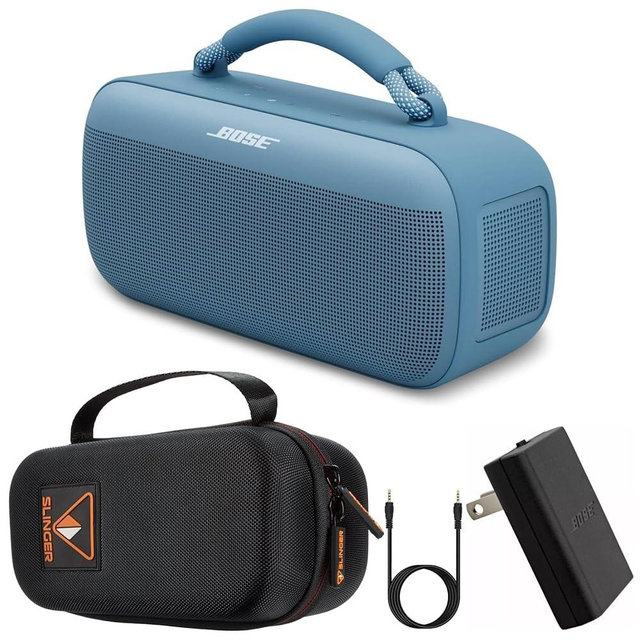 Bose SoundLink Max Portable Speaker, Large Waterproof Bluetooth Speaker, Up to 20 Hours of Battery Life, USB-C, Built-in 3.5mm AUX Input, + Hard Shell Travel Case + USB Plug + AUX Cable (Blue Dusk)