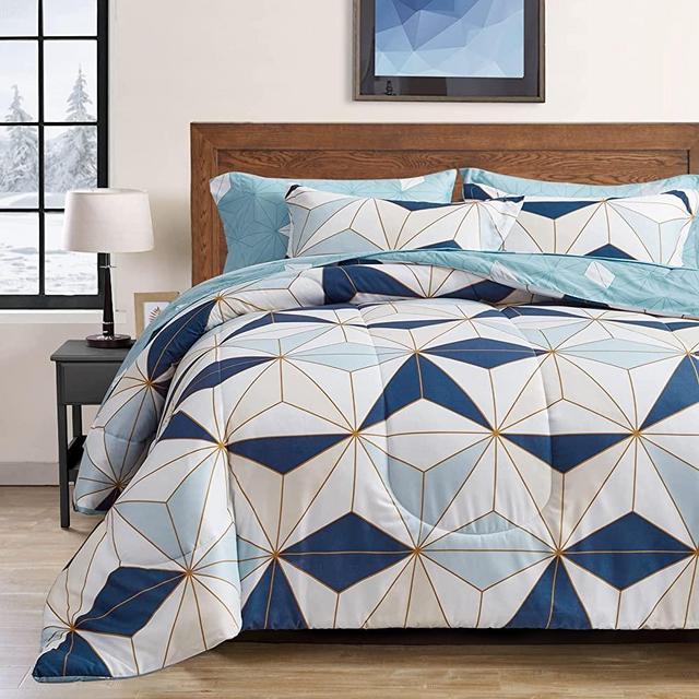 FlySheep Bed in a Bag 7 Pieces Queen Size, Modern Blue Triangles Geometric Style, Microfiber Reversible Bed Comforter Set (1 Comforter, 1 Flat Sheet, 1 Fitted Sheet, 2 Pillow Shams, 2 Pillowcases)
