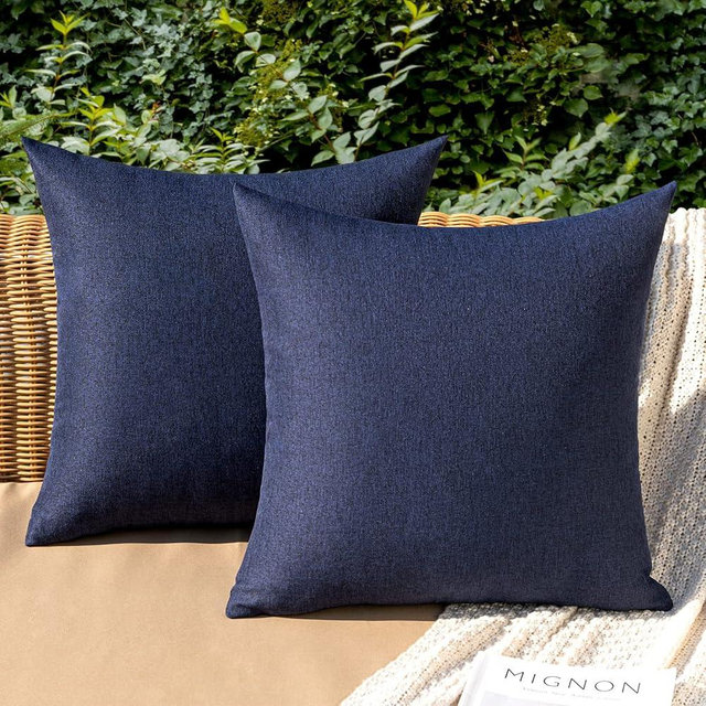 MIULEE Pack of 2 Decorative Outdoor Solid Waterproof Throw Pillow Covers Polyester Linen Garden Farmhouse Cushion Cases for Patio Tent Balcony Couch Sofa 18x18 inch Navy