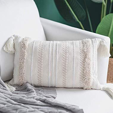 blue page Lumbar Small Decorative Throw Pillow Covers for Sofa Couch Bedroom Living Room, Woven Tufted Boho Pillow Cases, Rectangle Pillows Cover with Tassels (12X20 inch, Cream)