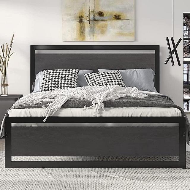 SHA CERLIN Queen Size Bed Frame with Modern Wooden Headboard / Heavy Duty Platform Metal Bed Frame with Square Frame Footboard & 12 Strong Steel Slat Support / No Box Spring