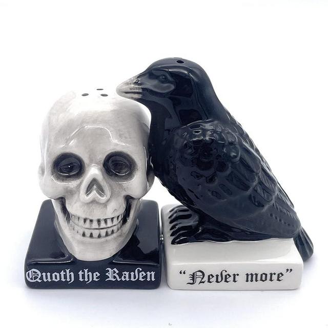 Rustix Quoth The Raven Ceramic Gothic Halloween Decor Cute skull Horror Salt and Pepper Shaker Set Scary Spooky and witchy Gift Fall Season Decor for Kitchen