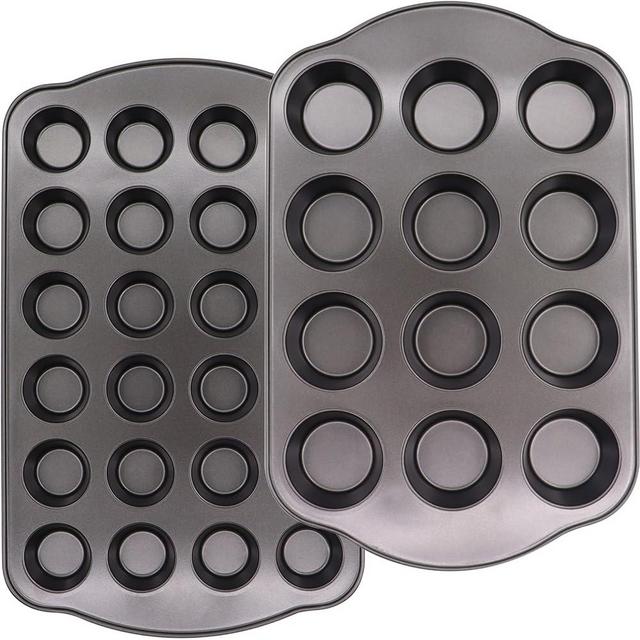 JOHO BAKING Nonstick Muffin Pan, Mini Cupcake Pan Set, Muffin Tins for Oven, 2 Pack, 12Cup and 24Cup, Dark Grey