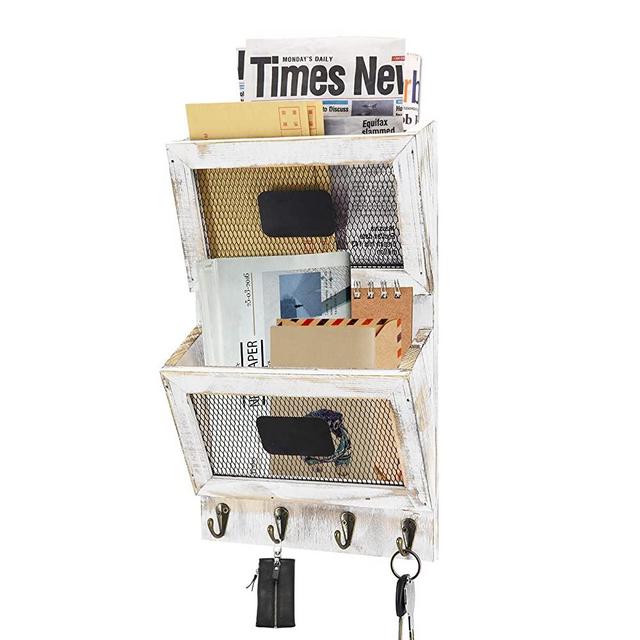 Rustic Wooden Mail Holder Wall Mounted with 4 Key Hooks, Wooden Mail Sorter Organizer, 2 Slot Mail and Key Holder for Wall and Rustic Home Decor Entryroom, Mudroom, Hallway, Kitchen, Office