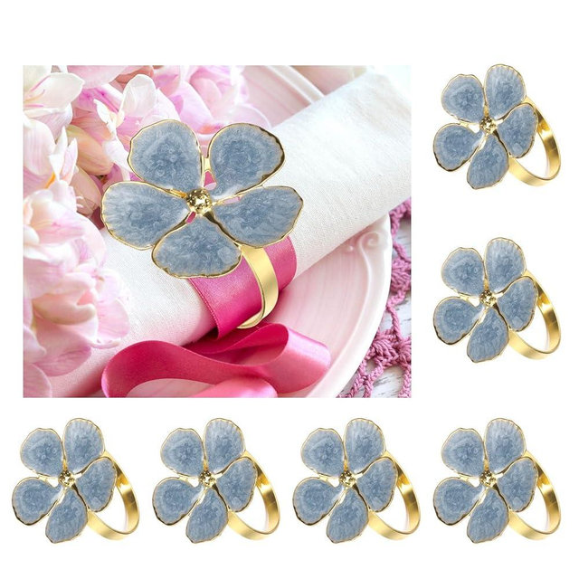 uxcell 6Pcs Flower Napkin Rings, Alloy Floral Serviette Buckles Holders for Dining Table Decorations Wedding Birthday Party, Blue