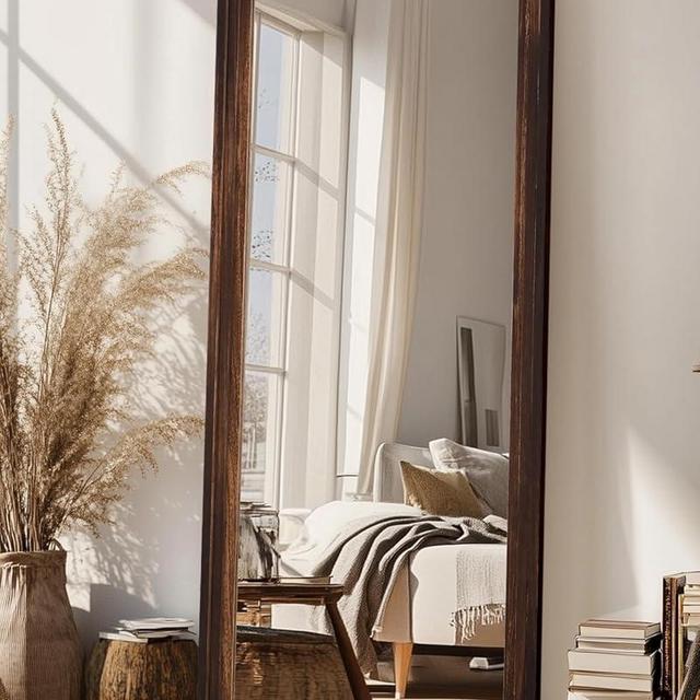 Full Length Mirror, 71"×32" Wooden Mirror Full Length with Stand Wood Floor Mirror, Oversized Stand Up Mirror Large Wall Mirror, Wall Mounted Mirror Full Length, Rect Vintage Style, Walnut