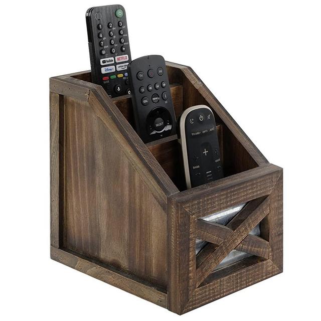 Autumn Alley Rustic Remote Holder - Farmhouse Desk Organizer, Barn Door Remote Holder, Desktop Organizer - 3-Slot Multiple Compartment Remote Control Storage Caddy, Rustic Home Decor, Brown
