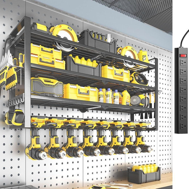 SOYEEZE Power Tool Organizer with Charging Station Wall Mount- Garage Storage Rack 8 Cordless Drills Holder 4 Layer Utility Tool box Organization & Shelf For Workshops Toolrooms Carport Utilityroom