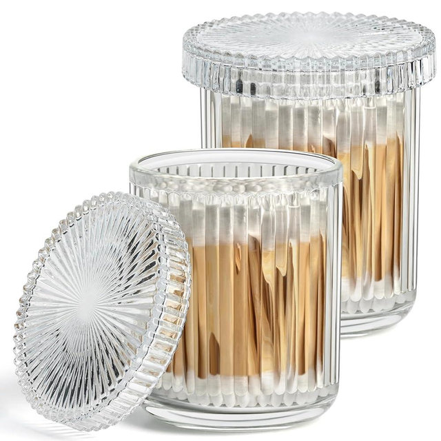 MKOSAB 2 Pack Qtip Holders for Bathroom, Clear Glass Apothecary Jars with Lids,Vintage Bathroom Canisters for Cotton Balls,Swabs,Floss Picks,Hair Ties,Vanity Organizer and Storage Decor
