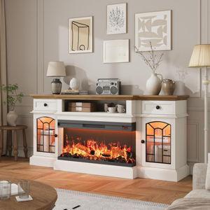 QUW 70" Farmhouse Fireplace TV Stand for TVs up to 80", Entertainment Center with 36" 3-Side Glass Electric Fireplace with Open Shelf and Cabinet, TV Console for Living Room, Antique White