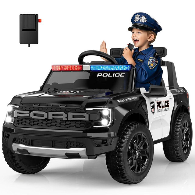 ANPABO 12V Police Car for Kids Ages 2-5, Realistic LED Siren Flashing Light, Ride On Car w/Remote Control, Megaphone, Music, Storage Trunk, Kids Cars to Drive, Black